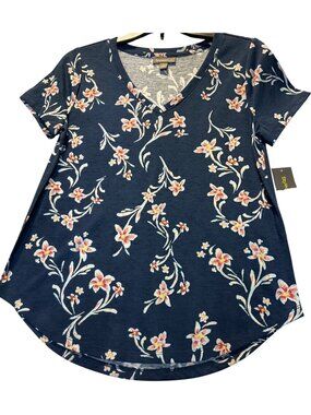 Style & Co Womens Small Navy Floral V-Neck Perfect Tee Short Sleeve